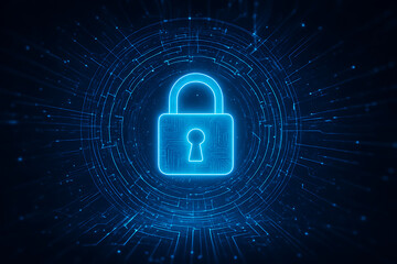 Glowing blue digital padlock icon in the center of an abstract technological circle on a dark background representing global network protection and data privacy day security