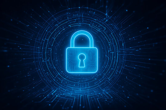 Glowing blue digital padlock icon in the center of an abstract technological circle on a dark background representing global network protection and data privacy day security - Powered by Adobe