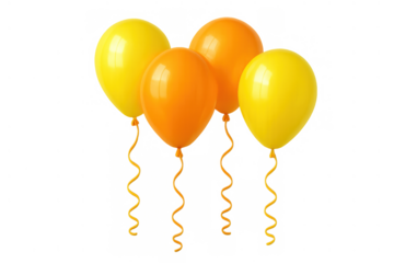 Group of yellow and orange balloons floating with ribbons, celebrating a birthday party event on transparent background