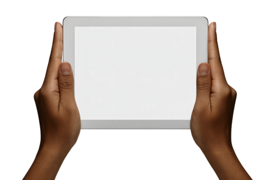 Engage Your Audience with a Modern Tablet Mockup Held by Diverse Hands, Perfect for App and Website Presentations, UX Design Showcases, and Interactive Prototypes