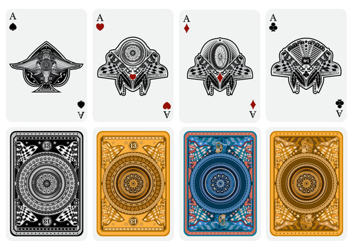 Best set from four card aces with different faces and backs in motorcycle style