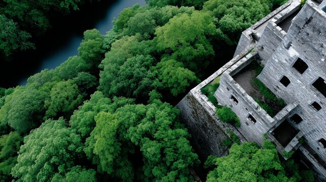 Ruined castle nestled amidst lush forest, overlooking a river