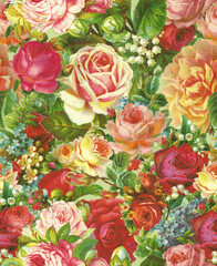 Seamless Pattern of Decoupage Antique Roses in multi colours