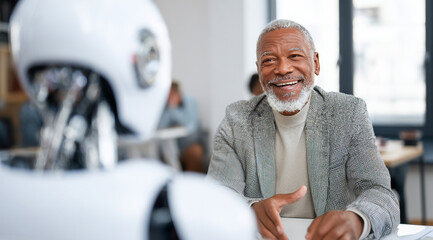Elderly happy black man chatting with a friendly robot in a modern home, symbolizing innovation and connection