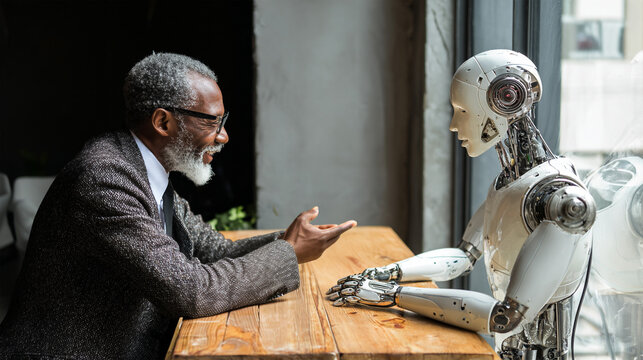 Elderly happy black man chatting with a friendly robot in a modern home, symbolizing innovation and connection