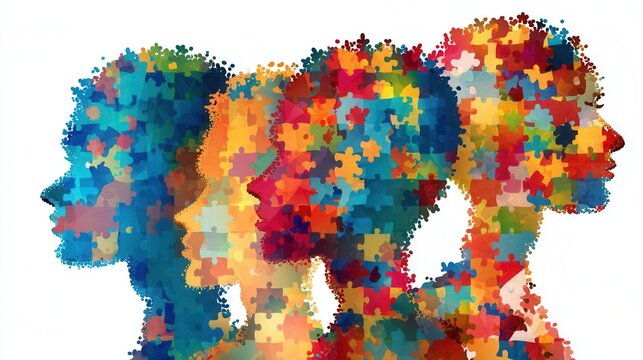 Colorful silhouette illustration of diverse human profiles filled with puzzle pieces, symbolizing unity, diversity, and the complexity of human identity and relationships in a vibrant artistic style