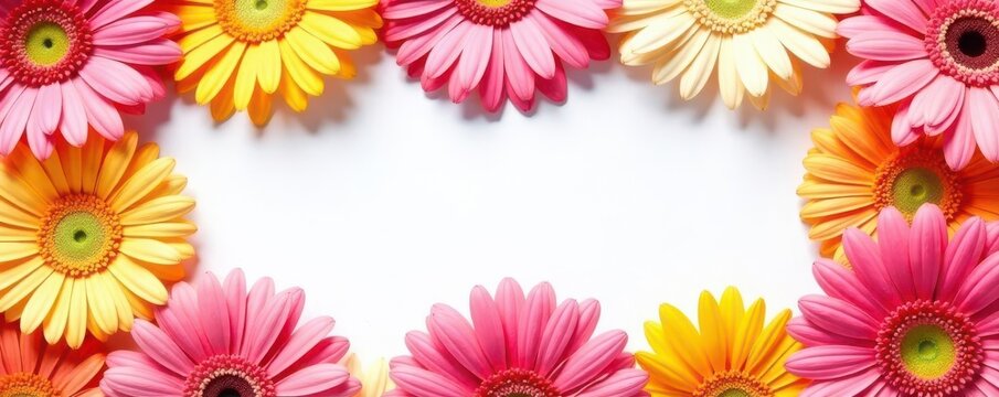 Colorful gerbera flower flatlay border on white Copy space , summer, stock, bloom