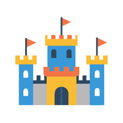 Blue and yellow castle with flags in flat vector style