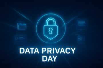 Data privacy day concept secure digital information technology glowing blue padlock with abstract neon lines and glowing icons background