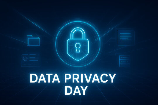 Data privacy day concept secure digital information technology glowing blue padlock with abstract neon lines and glowing icons background - Powered by Adobe