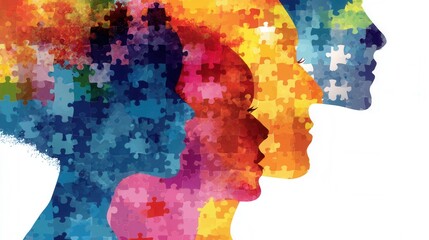Colorful abstract illustration of diverse human profiles, featuring puzzle pieces in vibrant hues, symbolizing unity, diversity, and interconnectedness in a creative and artistic manner