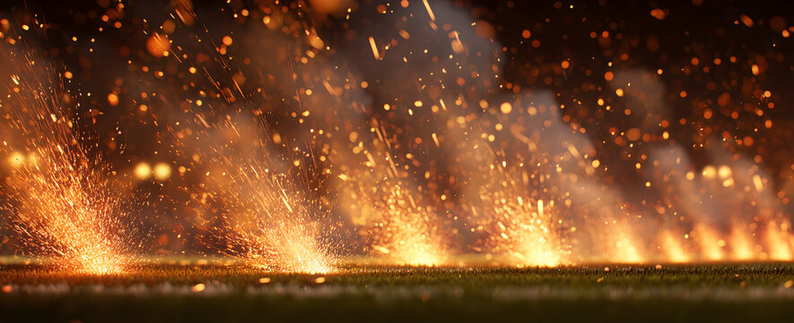 Fiery fountain display with sparks and light trails at night