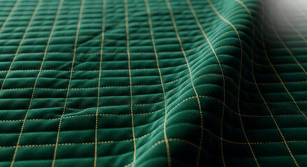 Fototapeta premium Close-up of textured green material with gold stitching in a grid pattern, suggesting luxury, comfort, and sophisticated interior design choices