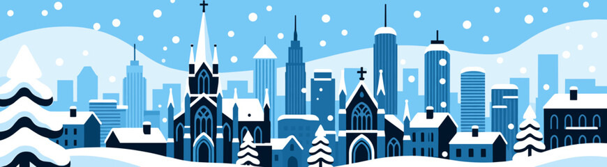 Obraz premium Winter city skyline with snow-covered buildings and trees 