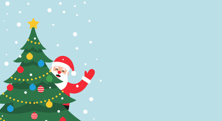 Cheerful Santa Claus waving next to a decorated Christmas tree with copy space on a light background