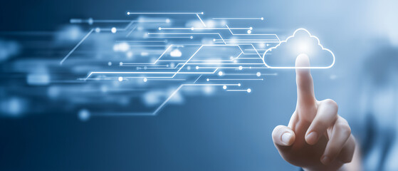 Finger touching digital cloud icon futuristic technology interface blue background innovation data transfer right anchored subject modern connection network concept