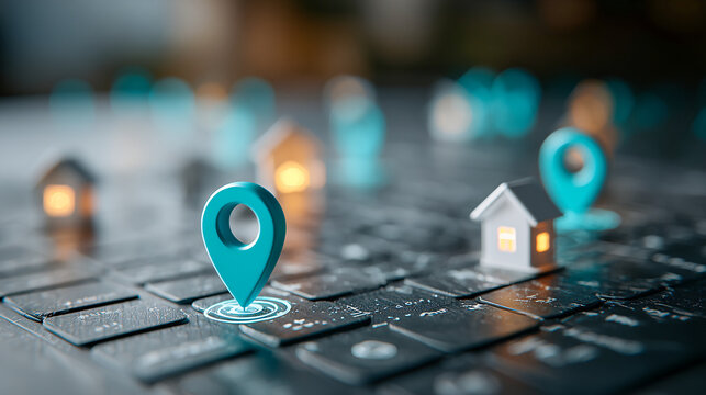 Real estate dashboard with blue location pin on laptop keyboard, miniature house models, digital property search, modern technology, and glowing lights create futuristic atmosphere