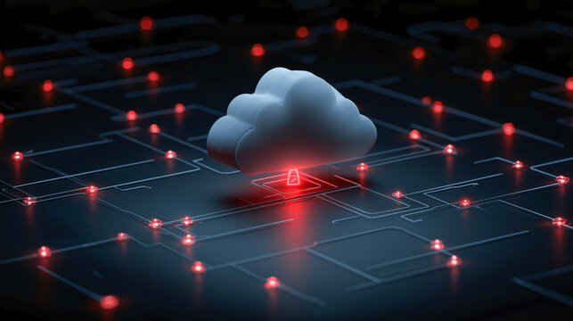 Cloud security lock network data protection digital technology glowing node. Cloud security lock highlighted among network nodes representing digital data protection and secure technology with