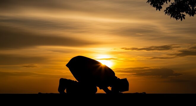 "Peaceful Prayer at Sunset: Silhouette of a Muslim Man Prostrating (Sujud) During Salat, Symbolizing Faith, Devotion, and Tranquility Against an Orange Sky."
