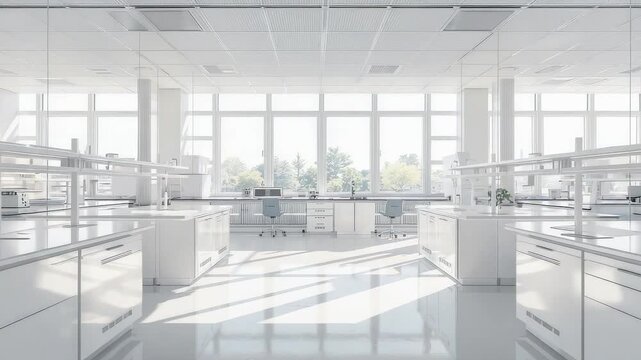 Bright sterile laboratory interior with white surfaces, large windows and modern scientific workstations illuminated by natural sunlight across the clean space