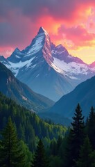 Fototapeta premium Crimson sky kisses snow-capped peaks, emerald forest below , beautiful, serene