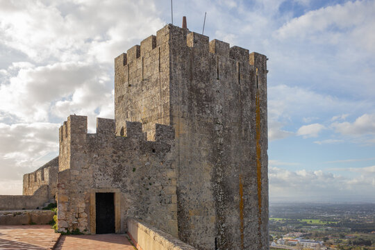 Palmela castle keep tower overlooking rural landscape