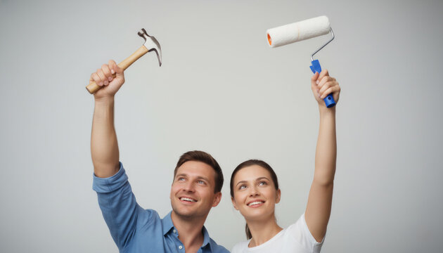 Couple with renovation tools against white wall