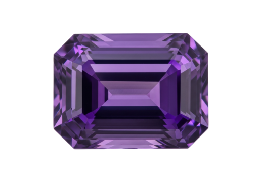 Rectangular amethyst gemstone isolated PNG, purple crystal with step cut facets for jewelry design and luxury goods on transparent background - Powered by Adobe