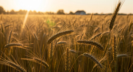Golden wheat field at sunset, close-up of ear. The image represents agricultural abundance, harvest, and peaceful countryside environment