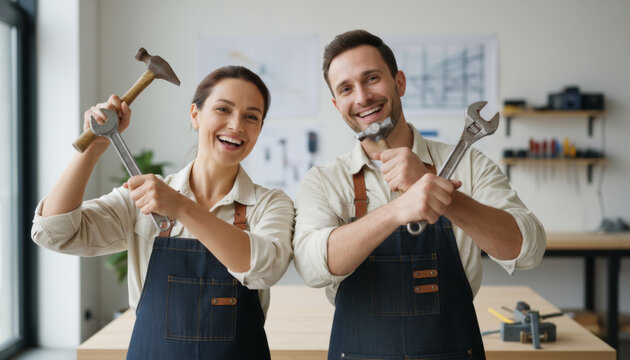 Man and woman holding hammer and wrench in workshop - Powered by Adobe