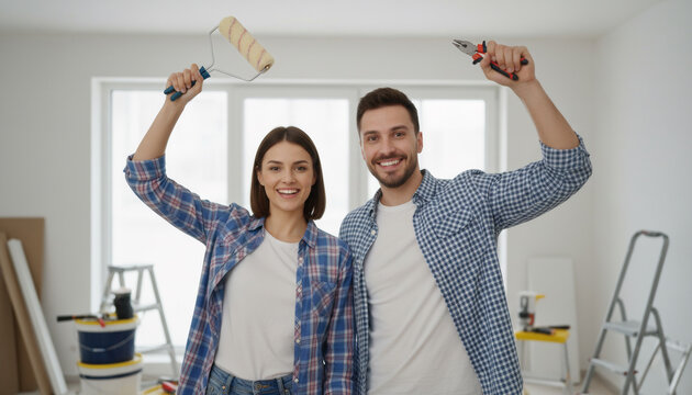 Young couple renovating togetherю. Family renovation: unity and creativity - Powered by Adobe