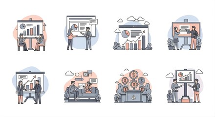 Business Presentation and Financial Analysis Concept Illustrations Set for Data Visualization, Teamwork, and Investment Planning and Strategy Development