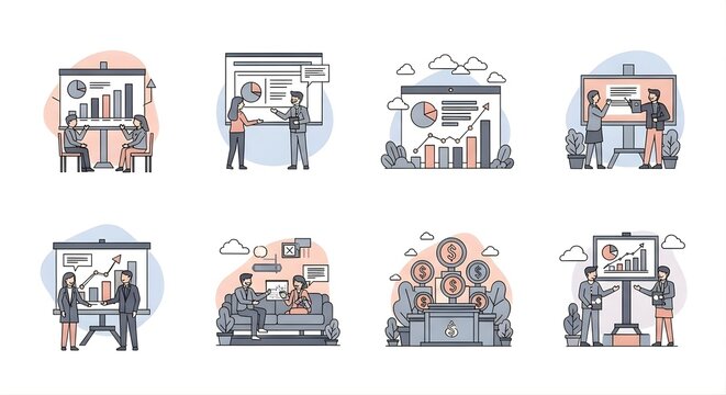 Business Presentation and Financial Analysis Concept Illustrations Set for Data Visualization, Teamwork, and Investment Planning and Strategy Development