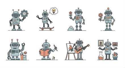 Collection of Whimsical Robot Characters Engaging in Various Activities