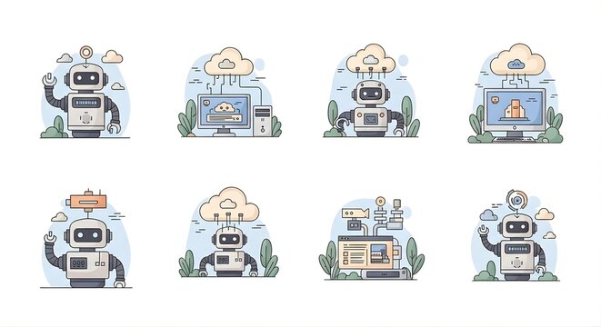 Robotic Technology A Cartoon Illustration of AI Cloud Computing