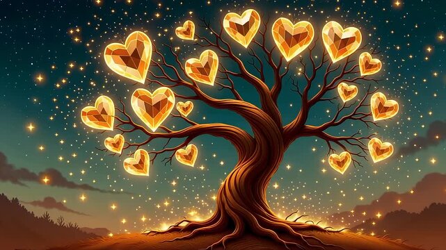 Fantasy tree with glowing heart-shaped leaves a magical illustration for love hope and dreams set against a starry night sky - Powered by Adobe