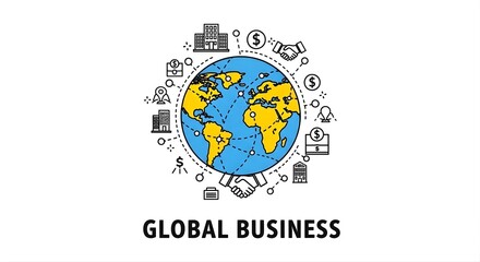 Global business concept illustration with Earth globe and corporate icons, symbolizing international trade and worldwide economic collaboration