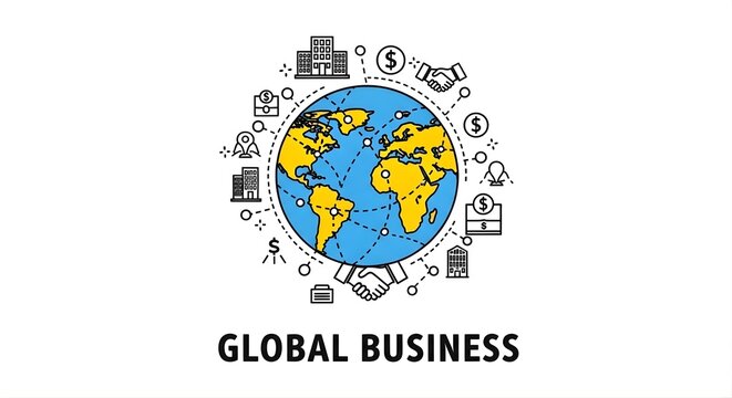 Global business concept illustration with Earth globe and corporate icons, symbolizing international trade and worldwide economic collaboration - Powered by Adobe