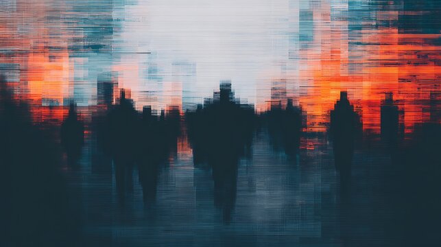 A blurred scene of silhouetted figures against a vibrant, colorful background, creating a mysterious and dynamic urban atmosphere.