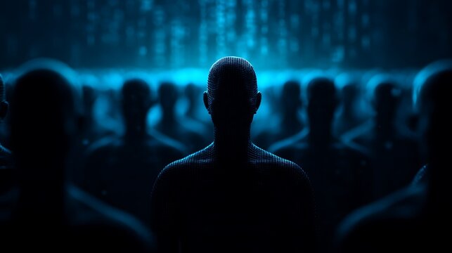 A dark, futuristic scene depicting a crowd of digital figures illuminated by blue light, creating a sense of mystery and technology.