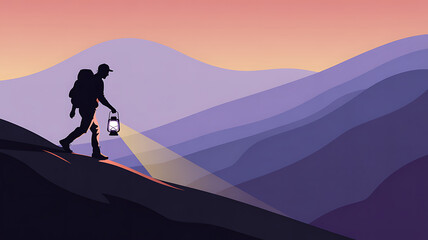 Hiker with lantern on mountain path at twilight