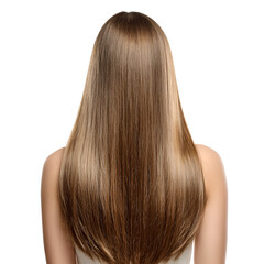 Back view of a woman with long straight healthy brown hair