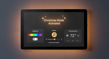  Dark mode smart home tablet showing "Christmas Mode Activated" interface with lighting, music, and temperature controls on a dark background.