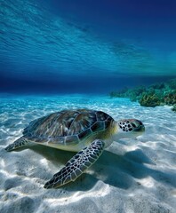 Obraz premium Turtle swimming gracefully through clear waters in a tropical ocean setting