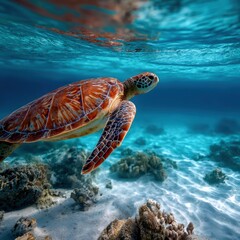 Fototapeta premium Exotic turtle glides through clear waters over vibrant coral reef