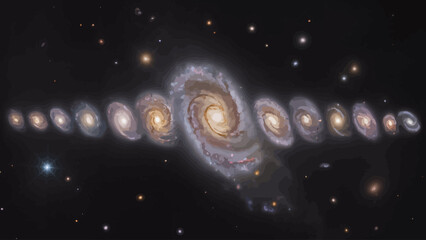 Spectacular Galaxy Evolution Sequence with Spiral Arms and Star Formation in Deep Space Cosmology Concept