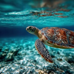 Fototapeta premium Exotic turtle swims gracefully through clear blue waters of a vibrant coral reef
