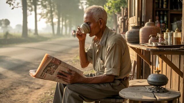 Elderly man reading a newspaper and drinking coffee at sunrise