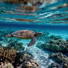 Obraz premium Turtle gliding gracefully through clear tropical waters near vibrant coral reefs