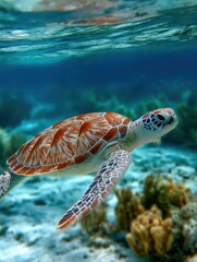 Obraz premium Exotic turtle swimming in clear tropical waters during a sunny day